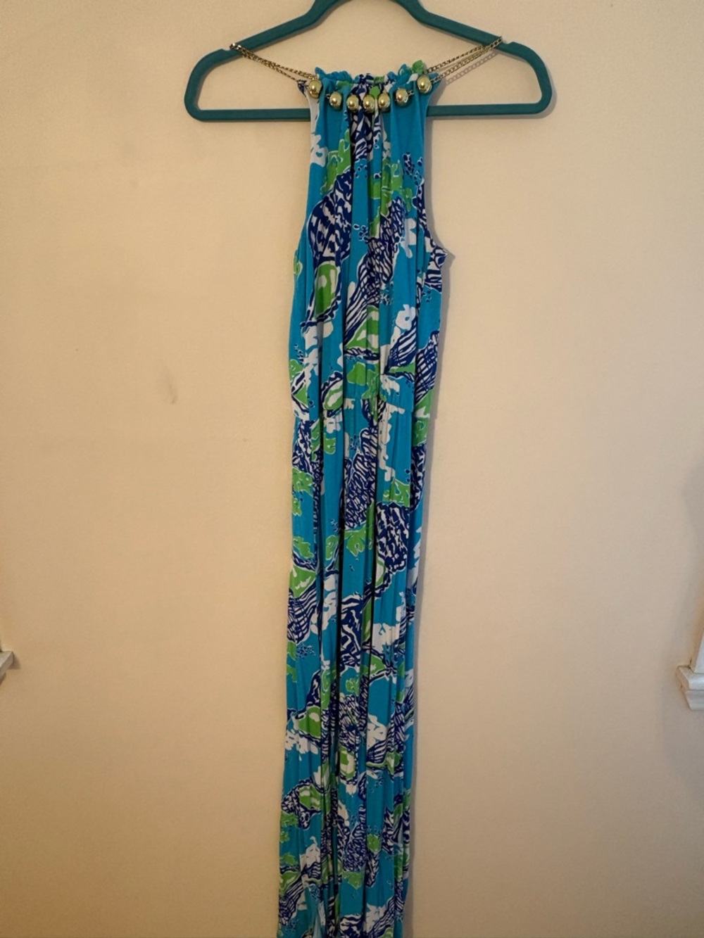 Lilly Pulitzer Blue, Green & White Strapless Printed maxi dress with slits